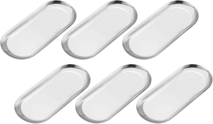 uxcell 6pcs Stainless Steel Decorative Trays, Bathroom Trays, Makeup Cosmetic Trays, Small Serving Trays for Candles Dessert Tray(Silver, 9 x 3.5 Inch)