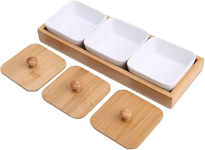 GLOGLOW Plate Dishware Ceramic Appetizer Serving Plate with Tray Cover, 3-Compartment Design, White, 11.02x4.02x1.61 Inches, for Snacks and Desserts Storage Supplies (Three compartments with lid)