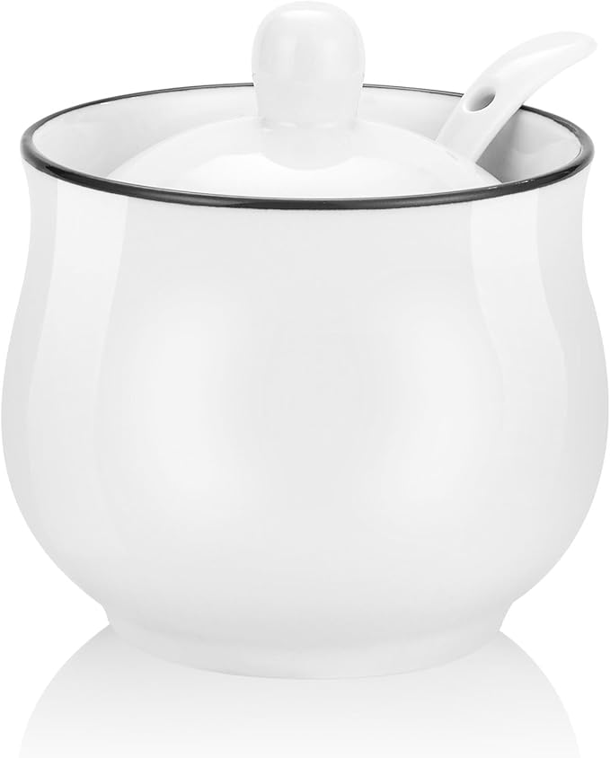 7oz Farmhouse White Ceramic Sugar Bowl with Lid and Spoon Salt Container Jar for Coffee Table Porcelain Condiment Pot for Seasoning with Black Rim