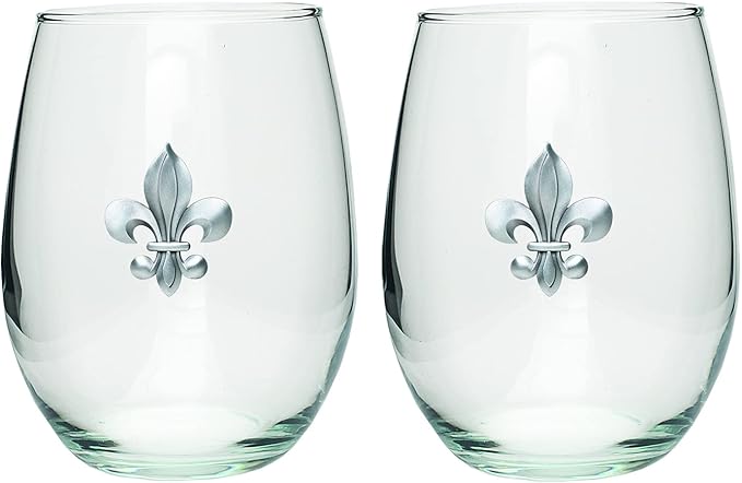 Heritage Pewter Fleur de Lis Stemless Glass Goblets – Set of 2 | 15 OZ Goblet Wine Glasses | Expertly Crafted Pewter Glass