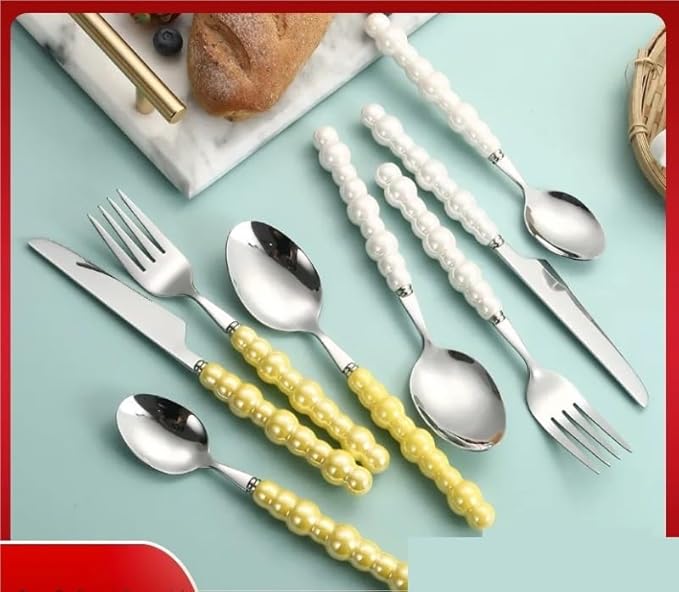 Silverware Set, 2/8/12/16/20/24pcs Retro Light Luxury Ceramic Pearl Handle 304 Stainless Steel Knife, Fork And Spoon Tableware Set, Home Cutlery Flatware Set(White,12 Pieces for 6)