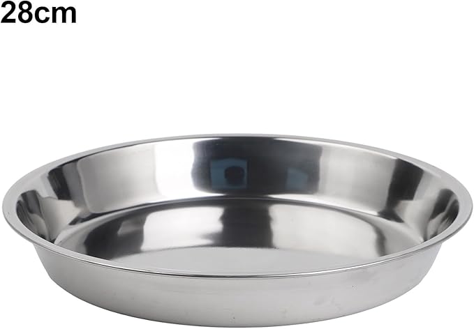 Stainless Steel Round Cake Plate, Rust-Proof Flat Serving Tray for Desserts and Pastries, Silver Non-Tip Baking Dish(28cm)