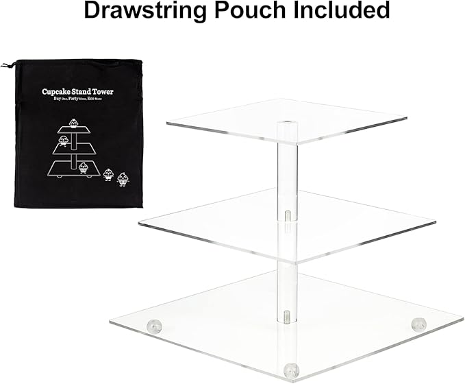Cupcake Stand with Base, 3-Tier Square Acrylic Cupcake Display Stand Dessert Tower Pastry Stand Premium Cupcake Holder for Wedding Birthday Theme Party- Transparent