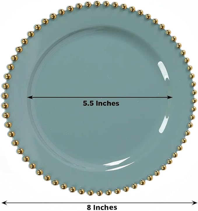 8" Salad Plates - Set of 20 - Plastic Dusty Blue Round Disposable Dessert Appetizer Plate with Gold Beaded Rim, Ideal for Dinner Party Wedding Bulk Events