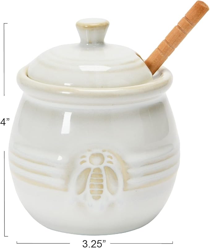Creative Co-Op Farmhouse Embossed Stoneware Honey Pot with Wood Honey Dipper, White