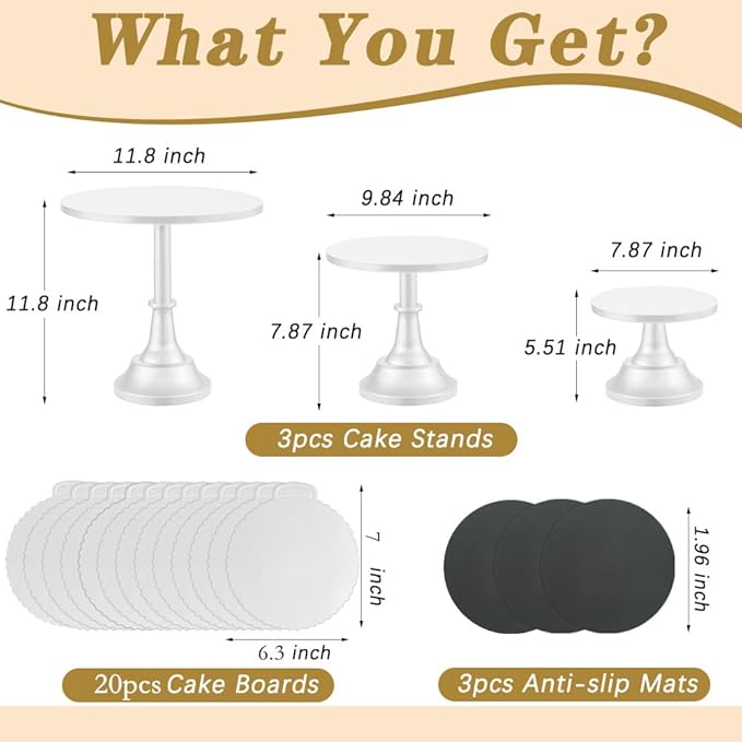 3 Pcs Cake Stand with 20Pcs Cakeboard Round, Cake Stand Set Disc Diameter 8" 10" 12", Perfect Dessert Table Display Set, Cupcake&Cake Stands for Party, Wedding, Birthday (White)