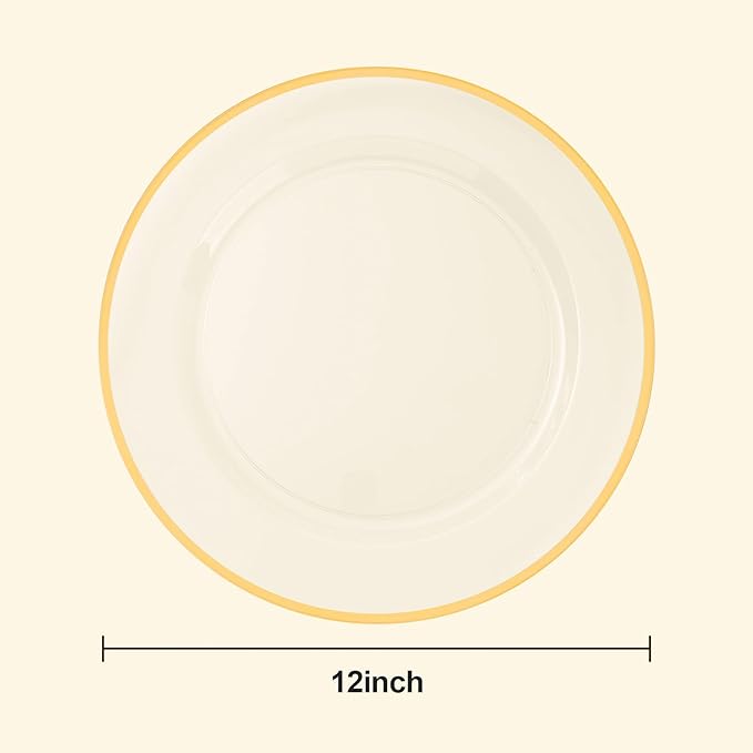 BESTSTAR 12 Inch Disposable Decor Charger Plates, 25 Pack Plastic Clear Plates with Gold Rim, Perfect Table Decor for Party, Wedding, Dinner