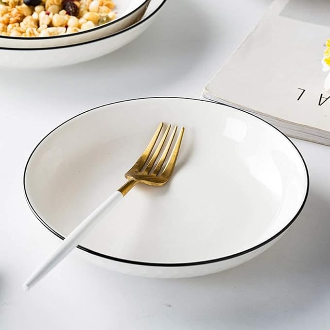 60 Pieces White Dinnerware Set Dishes - Dinner Plates and Bowls Sets Service for 12, Luxury Ceramic Dishes Set, Nordic Style Black Line Diamond Pattern, for Family Friend (White 26 Pcs)