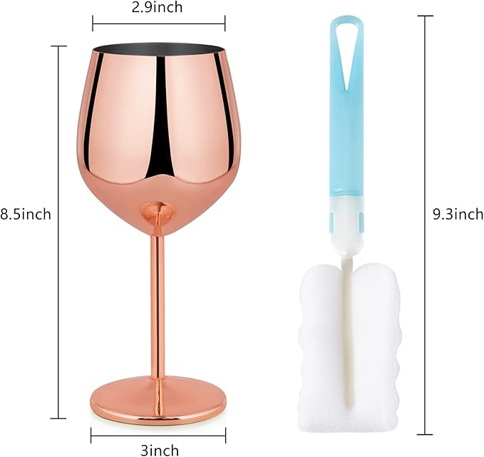 Lifecapido Stainless Steel Stem Wine Glasses Set of 8, 18oz Copper Wine Glasses, Stainless Steel Wine Goblets with Cup Brush for Party Office Wedding Anniversary, Great for Red White Wine(Rose Gold)