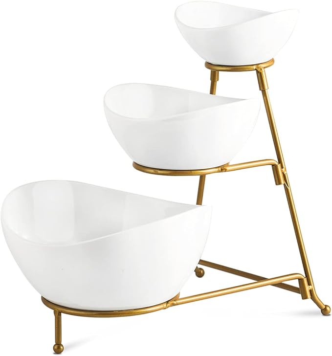 YHOSSEUN 3 Tier Serving Stand Oval Serving Bowl with Metal Rack, Tied Serving Bowls Food Display Dessert Appetizer, Chip and Dip Serving Bowl Set for Parties, Gold-45oz / 17.5oz / 7oz