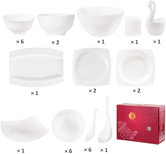 Dinner Plates Pottery Tableware 30 Pieces Pure White Dinnerware Set Palace Style Dishes for Family Banquet or Restaurant European Nobility's Choice Service for 6,