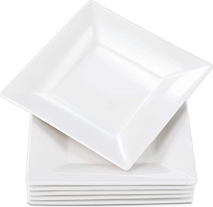 7.8 Inch Appetizer Plates, 6 Pack Porcelain Square Dinner Plates, Square Serving Plate, Serving Dishes for Steak, Snacks, Salad,Pasta, White