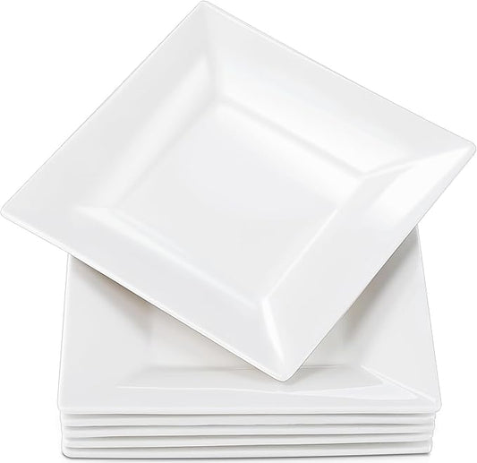 7.8 Inch Appetizer Plates, 6 Pack Porcelain Square Dinner Plates, Square Serving Plate, Serving Dishes for Steak, Snacks, Salad,Pasta, White