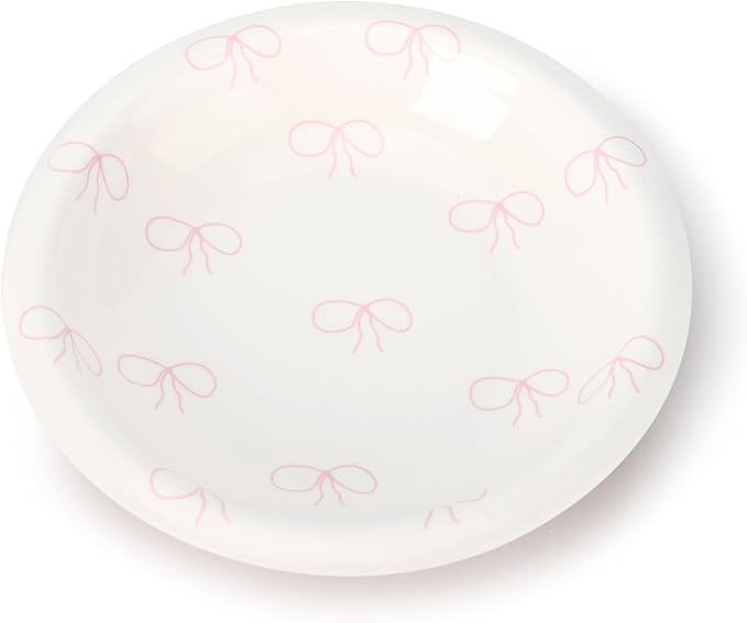 Koythin Ceramic Dessert Plates, Cute Pink Bow Salad Plates for Home Party Restaurant, Round Kitchen Plates, Microwave and Dishwasher Safe (Pink Bow)