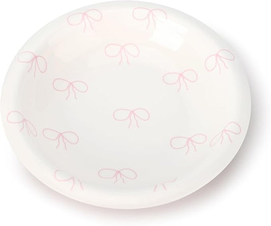 Koythin Ceramic Dessert Plates, Cute Pink Bow Salad Plates for Home Party Restaurant, Round Kitchen Plates, Microwave and Dishwasher Safe (Pink Bow)