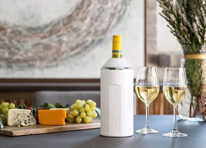 Vinglacé Wine Bottle Chiller Gift Set- Portable Stainless Steel Wine Cooler with 2 Stemless Wine Glasses, White