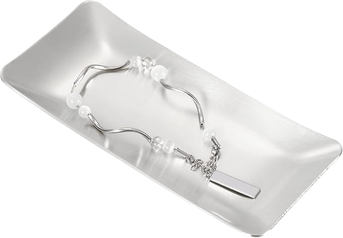 uxcell Decorative Tray, 5.9x3 Stainless Steel Rectangular Frosted Serving Tray for Dessert Napkin Towel Candle Jewelry Bathroom Platter, Stackable, Silver