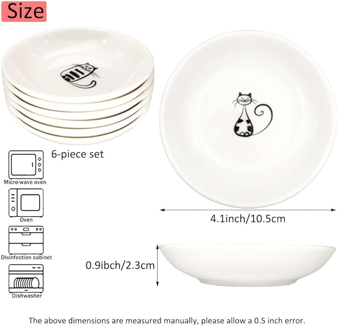 Cute Cat Ceramic Kitten Plates, 4 Inch Cat Bowls, Appetizer & Dessert Sauce Dishes, Small Seasoning & Serving Dish Set of 6
