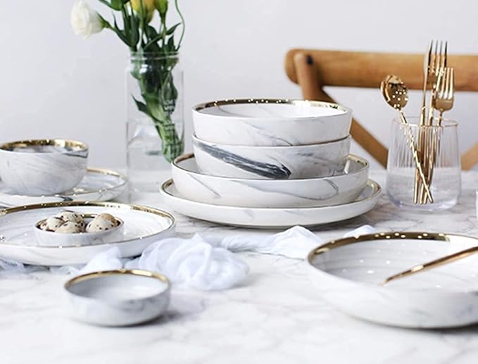 7PCS White Marble Ceramic Dinnerware Rice Salad Noodles Bowl Soup Plate Dinnerware Sets Dinnerware Kitchen Cooking Tool
