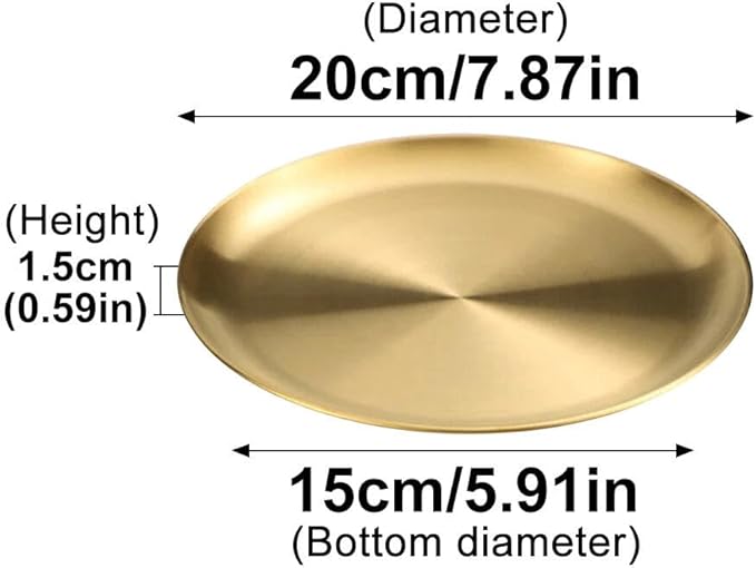 Stainless Steel Food Trays, Round Flat Dish Bread Pastry Baking Pan, Tea and Bar Serving Tray Party Cake Dessert Plate, Gold,M(20x15x1.5cm)