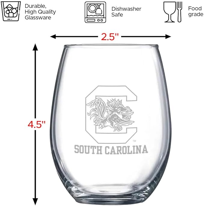 South Carolina Gamecocks Satin Frost Stemless Wine Glass Set – Official Clear Glass with White Logo – Heavy-Duty Made in USA Drinkware – Dishwasher Safe – Set of Two, 15 oz