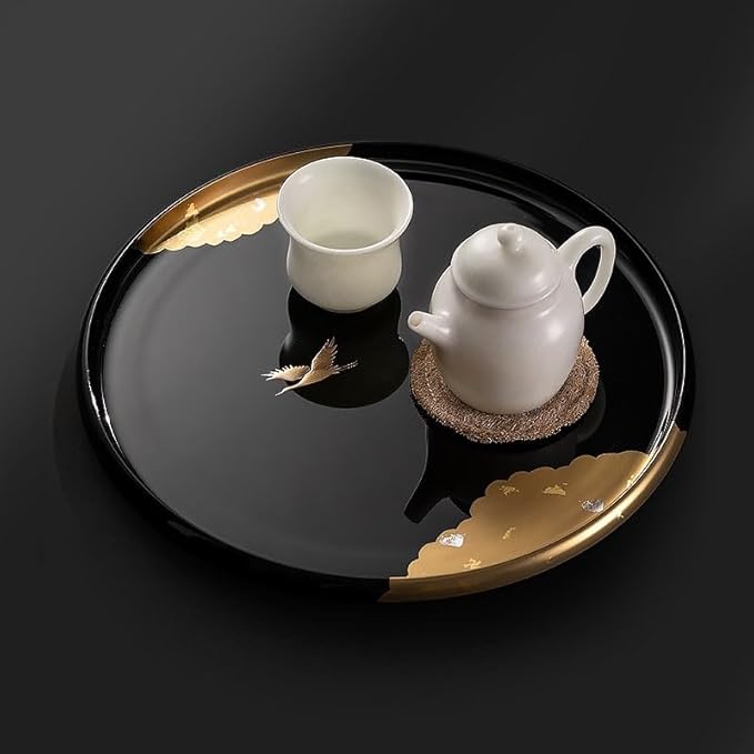 Wooden Tray Front Heavy Lacquer Resin Round Tray Japanese Handmade Crane Lacquer Tray Dry Tea Tray Tea Restaurant Dining Tray Serving Tray with Handles(A)