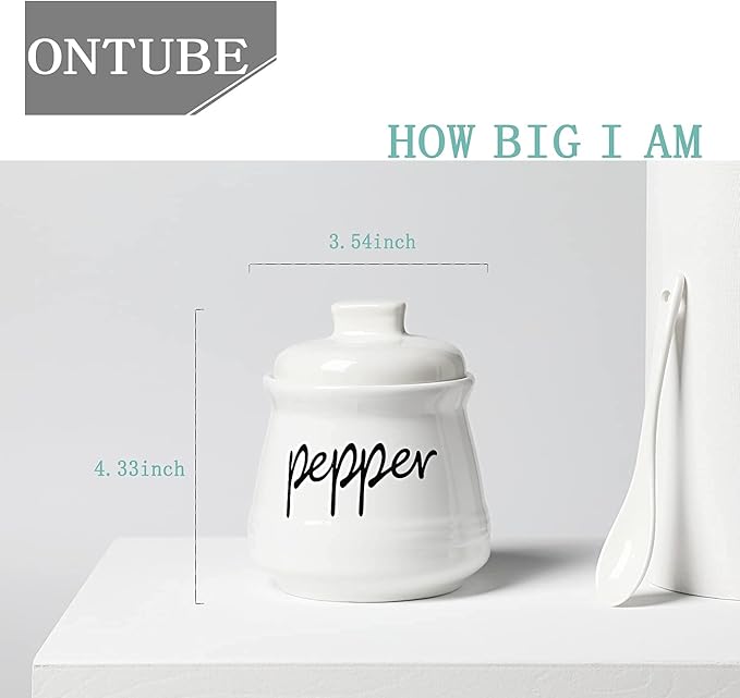 ONTUBE Ceramic Salt and Pepper Bowls with Lid and Spoon 12oz (White)