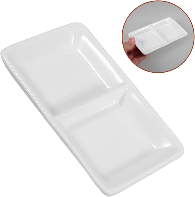 Cabilock Divided Sauce Dishes Snack Serving Tray Compartment Spice Dish Tray Lid White Ceramic Appetizer Serving Plate for Events
