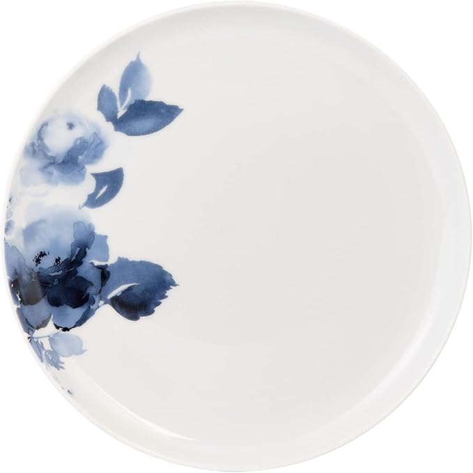 Maklaine Contemporary Porcelain Dinnerware Set, 16-Piece Midnight Roses Design, White and Blue Finish, Includes Plates, Bowls, Mugs, Durable Chip-Resistant, Microwave/Dishwasher Safe, Casual or