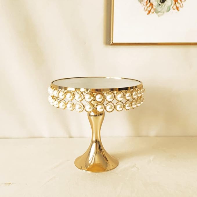 8 Inches 20cm Gold Round Mirror Cake Stand Cupcake Stands Metal Pedestal Holder with Pearls, Party Dessert Cheese Display Plate for Wedding Party Birthday Baby Shower Celebration Home Decoration