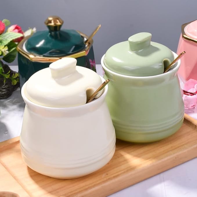 Sugar Bowl with Lid and Spoon, Ceramic Sugar Bowl,Multi-Function Sugar Container Spice Container Salt Jar Condiment Bowls Sugar Jar for Kitchen Storage Organization (Yellow)