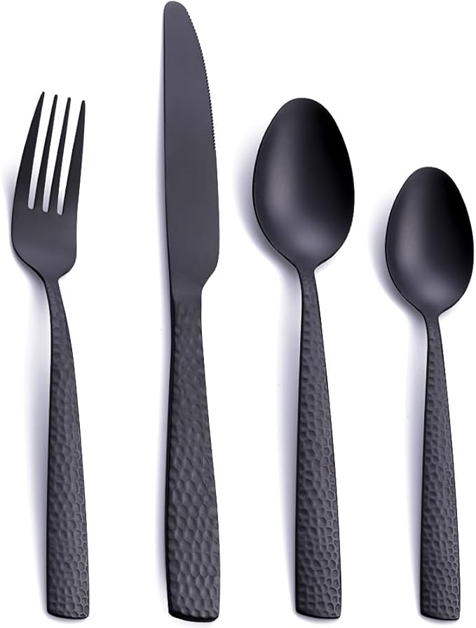 Matte Black 24 Pcs Silverware Flatware Set of 6, FULLYWARE Stainless Steel Hammered Tableware Cutlery Set, Includes Fork Spoon Knife for Home Kitchens, Dishwasher Safe