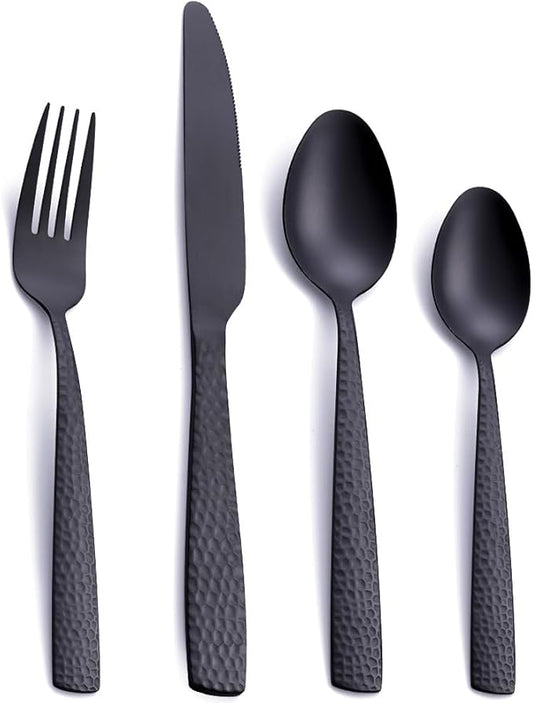 Matte Black 24 Pcs Silverware Flatware Set of 6, FULLYWARE Stainless Steel Hammered Tableware Cutlery Set, Includes Fork Spoon Knife for Home Kitchens, Dishwasher Safe