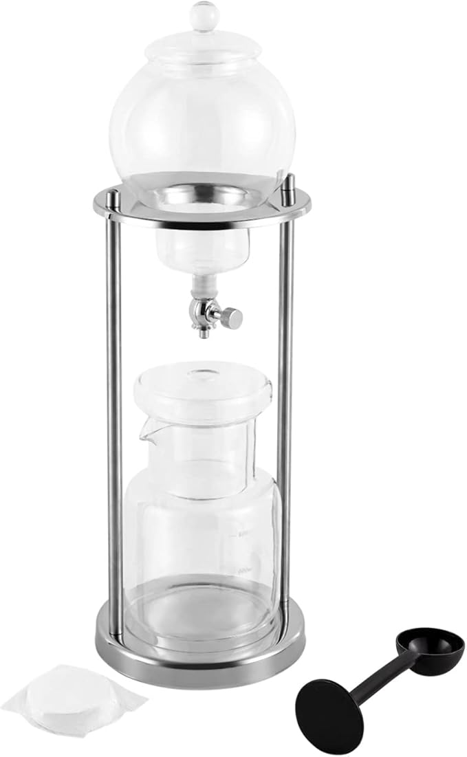Metal Cold Brew Drip Tower, Ice Cold Drip Tower 600ml Capacity, Iced Coffee Cold Brew Drip Tower, Ice Coffee Maker for Home, Coffee Shops, Offices 6-8 Cups (Silver)