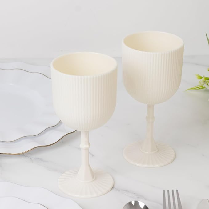 TCF Linen 12 Pack White Plastic Wine Goblets, 9oz Ribbed Reusable Shatterproof Drinkware for Weddings Parties Catering Cocktails and Desserts Cups