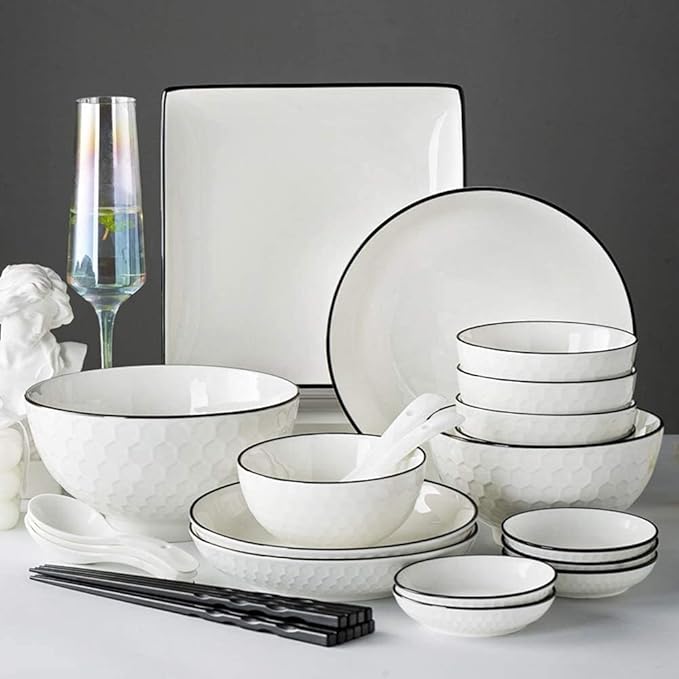 60 Pieces White Dinnerware Set Dishes - Dinner Plates and Bowls Sets Service for 12, Luxury Ceramic Dishes Set, Nordic Style Black Line Diamond Pattern, for Family Friend (White 26 Pcs)