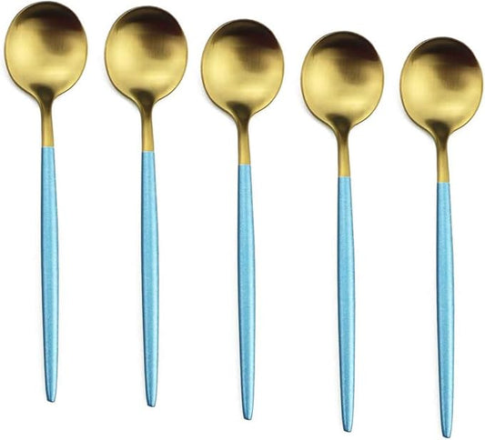 Gugrida Blue Handle Gold Flatware Set, Royal 5 Pieces Matte Blue Handle 18/10 Stainless Steel Dinner Spoon 9.17", Camping Cutlery Silverware Travel Utensils Set Tableware