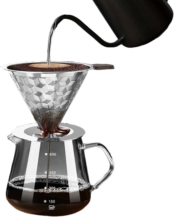 Pour Over Coffee Dripper Stainless Steel Coffee Filter Cone Paperless Reusable Single Cup Coffee Maker 1-2 Cup with Non-Slip Cup Stand and Cleaning Brush