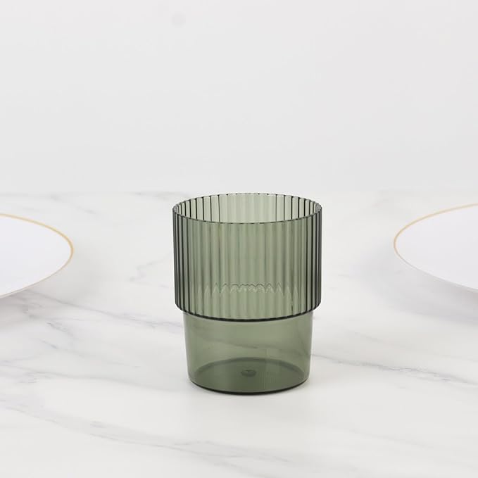 TCF Linen 12 Pack Hunter Green Plastic Tumblers, 7oz Stackable Ribbed Reusable Shatterproof Short Drinking Glasses, Elegant Origami Design for Weddings Parties Catering Cocktails