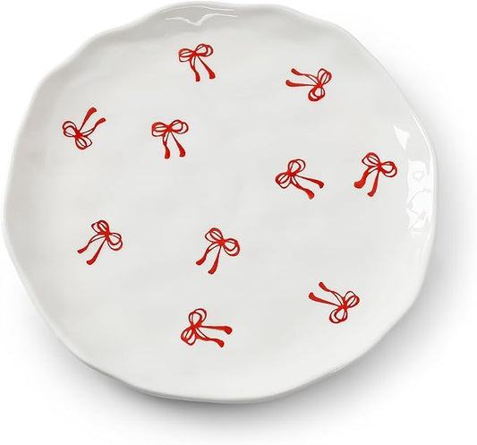 Koythin Floral Ceramic Dinner Plates, 8" Microwave Safe Dishes for Pasta, Modern Rustic Appetizer Plate for Salad Fruits Dessert Cake (Double Line Bow)