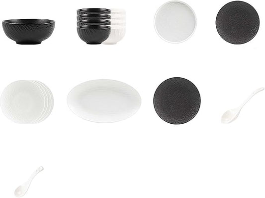 Elegant Black and White Minimalist Matte Ceramic Dinnerware Set, Includes Plates, Bowls, Perfect for Home Dining, Modern Tableware for Everyday Use or Gifting, Ideal for Housewarming