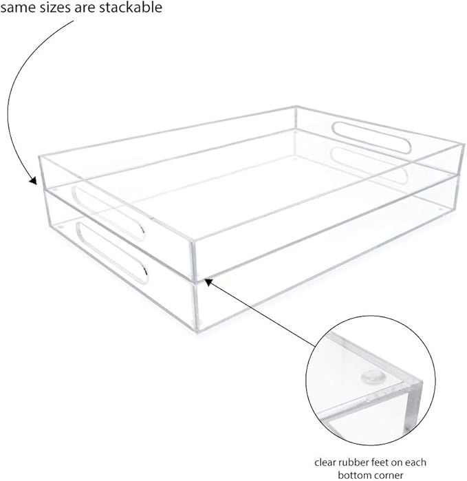 Isaac Jacobs Clear Acrylic Serving Tray (11x17) with Cutout Handles, Spill-Proof, Stackable Organizer, Space-Saver, Food & Drinks Server, Indoors/Outdoors, Lucite Storage Décor & More
