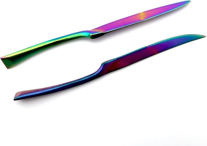 JASHII 18/10 Stainless Steel 8 Piece Matte Finish Rainbow Serrated Steak Knife Colorful Serving Black Utensil Set