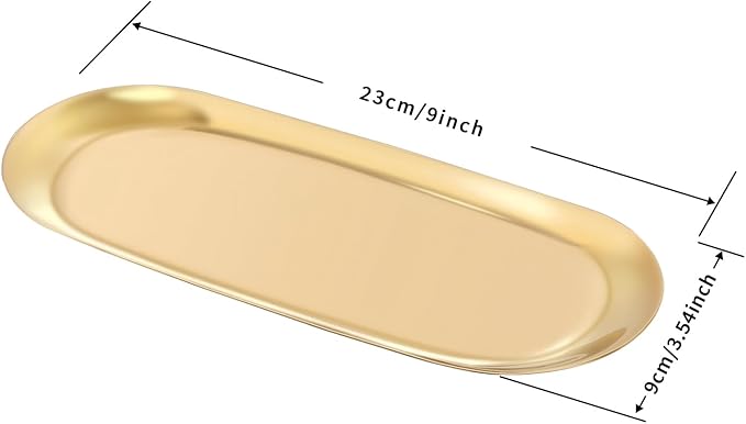 9x3.8Inch Gold Stainless Steel Decorative Tray, Oval Stainless Steel Small Serving Trays for Tea Fruit, Jewelry Plate, Decorative Storage Tray