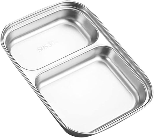 VOSAREA Stainless Steel Divided Food Serving Tray with Two Compartments Portion Control Plate for Lunch Food Storage Plate for Dieters Cafeteria Parties and Everyday Use