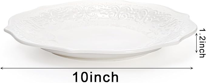 SOUJOY Set of 6 Porcelain Dinner Plate, 10'' Embossed Salad Plates, White Dessert Serving Plates for Steak Appetizer, Kitchen Plates for Restaurant, Family Party, Dishwasher Microwave Safe