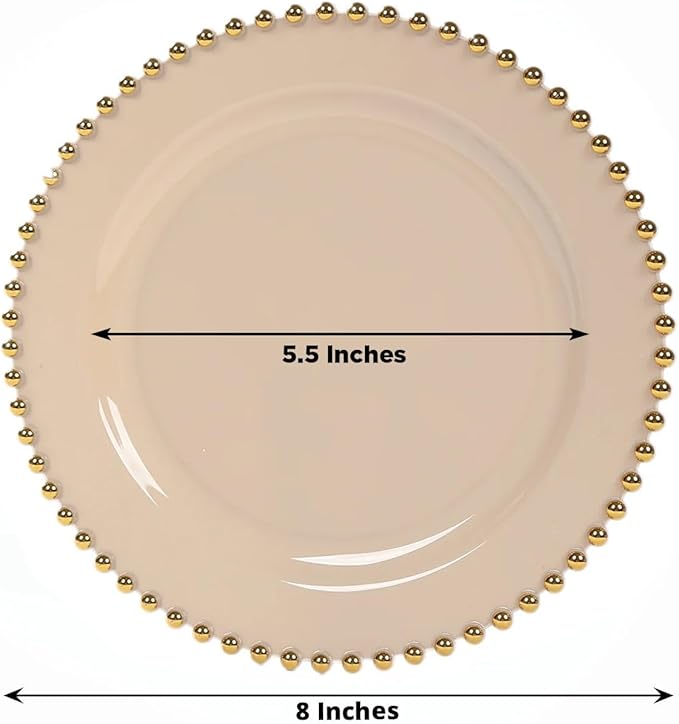8" Salad Plates - Set of 20 - Plastic Taupe Round Disposable Dessert Appetizer Plate with Gold Beaded Rim, Ideal for Dinner Party Wedding Bulk Events