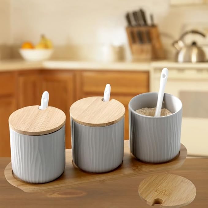 300ml Ceramic Sugar Bowl with Lid and Spoon,Grey Porcelain Salt Bowl Salt Container Bowl,Ceramic Spice Jar Seasoning Box Condiment Pot Honey Jar for Home Kitchen Coffee Bar (Whte B)