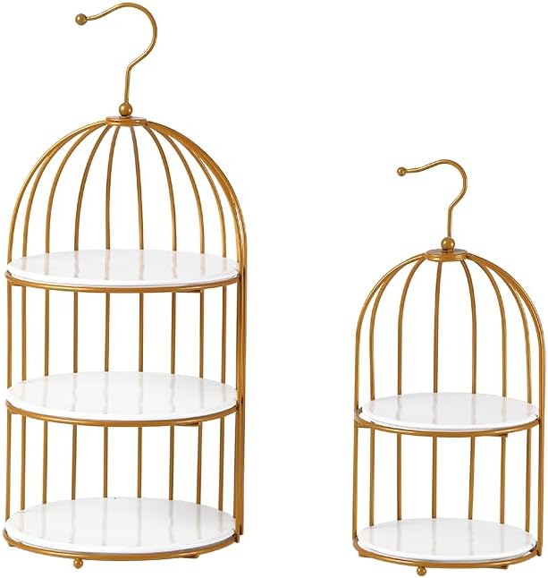 an 8.2*18.5-inch and a 6.5*13.5-inch Three-Layer Polypropylene Double-Layer Polypropylene Birdcage-Shaped Dessert Serving Tray Display Stand, Suitable for Decoration of Wedding Reception Tables.