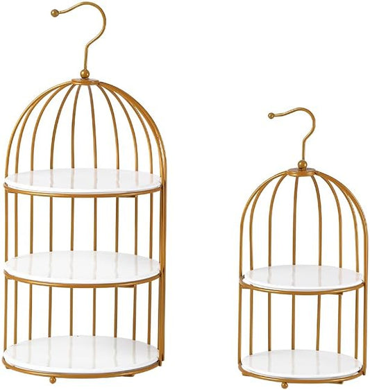an 8.2*18.5-inch and a 6.5*13.5-inch Three-Layer Polypropylene Double-Layer Polypropylene Birdcage-Shaped Dessert Serving Tray Display Stand, Suitable for Decoration of Wedding Reception Tables.